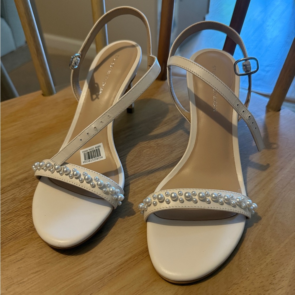 Stuart Weitzman Cream Pearl-Studded Heels